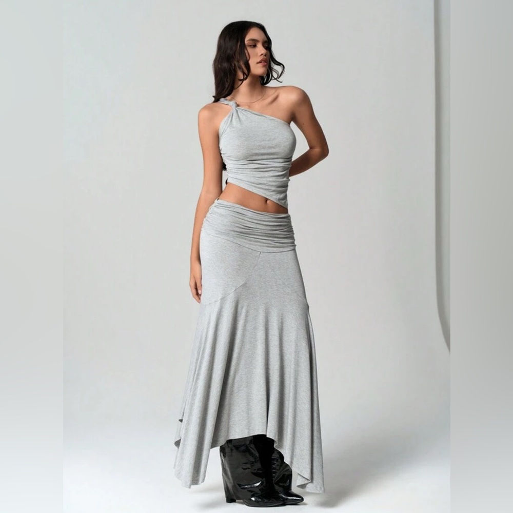 Stylish Gray One-Shoulder 2 piece Ruched T-Shirt & Foldover Bodycon Maxi Skirt